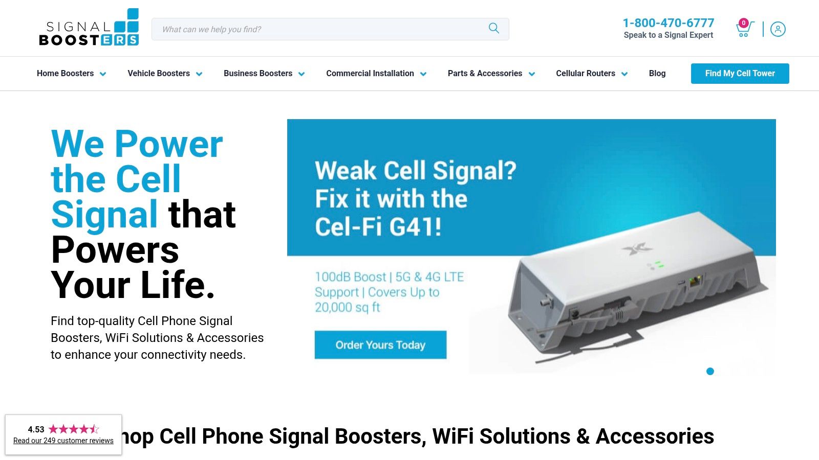 A screenshot of the SignalBoosters.com homepage, showcasing its focused product categories and professional layout, highlighting its specialization in cell signal boosters.