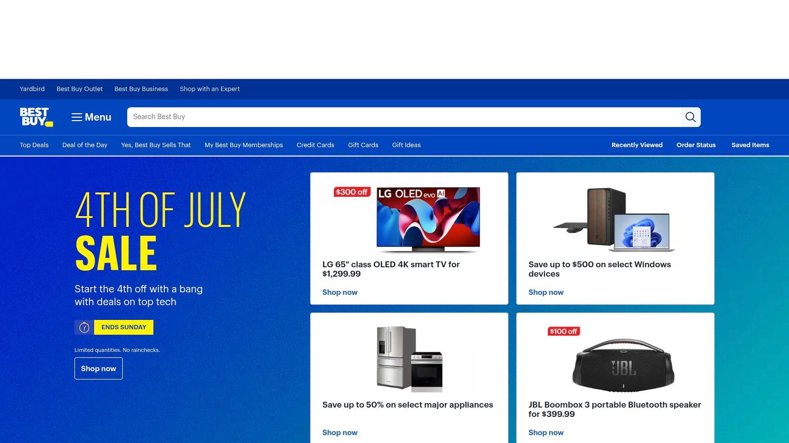 A screenshot of the Best Buy homepage, featuring its prominent logo and search functionality, highlighting its role as a key retailer for electronics like cell signal boosters.