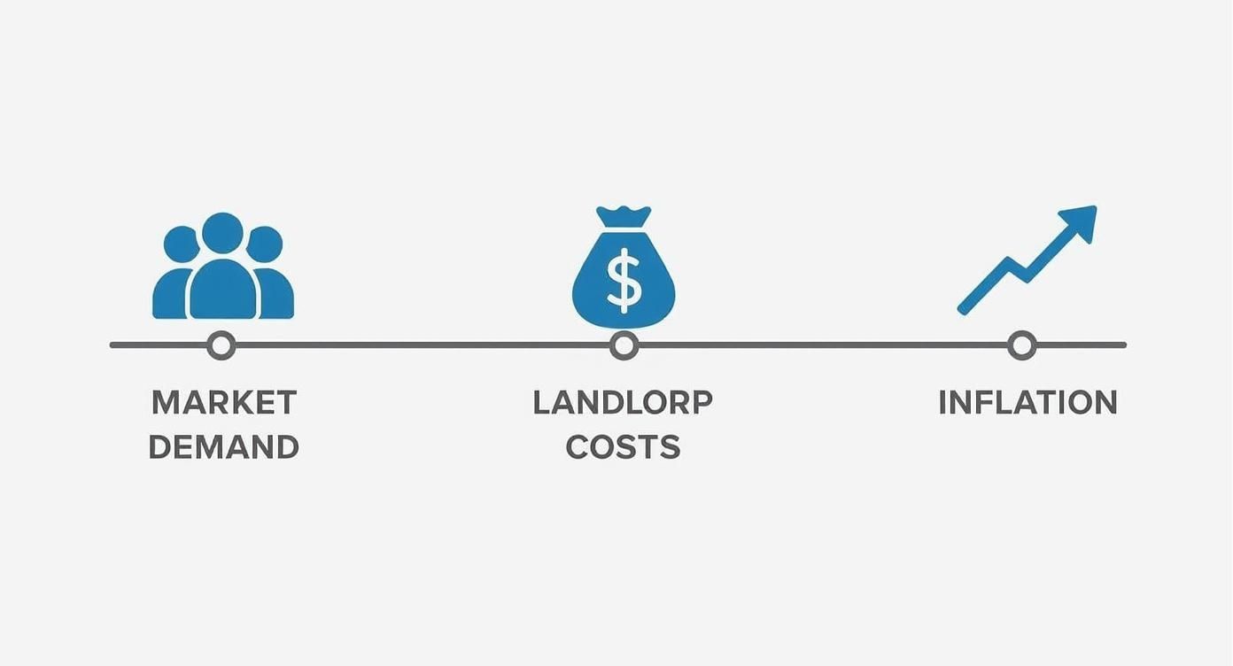 Infographic showing icons for Market Demand, Landlord Costs, and Inflation influencing rent increases.