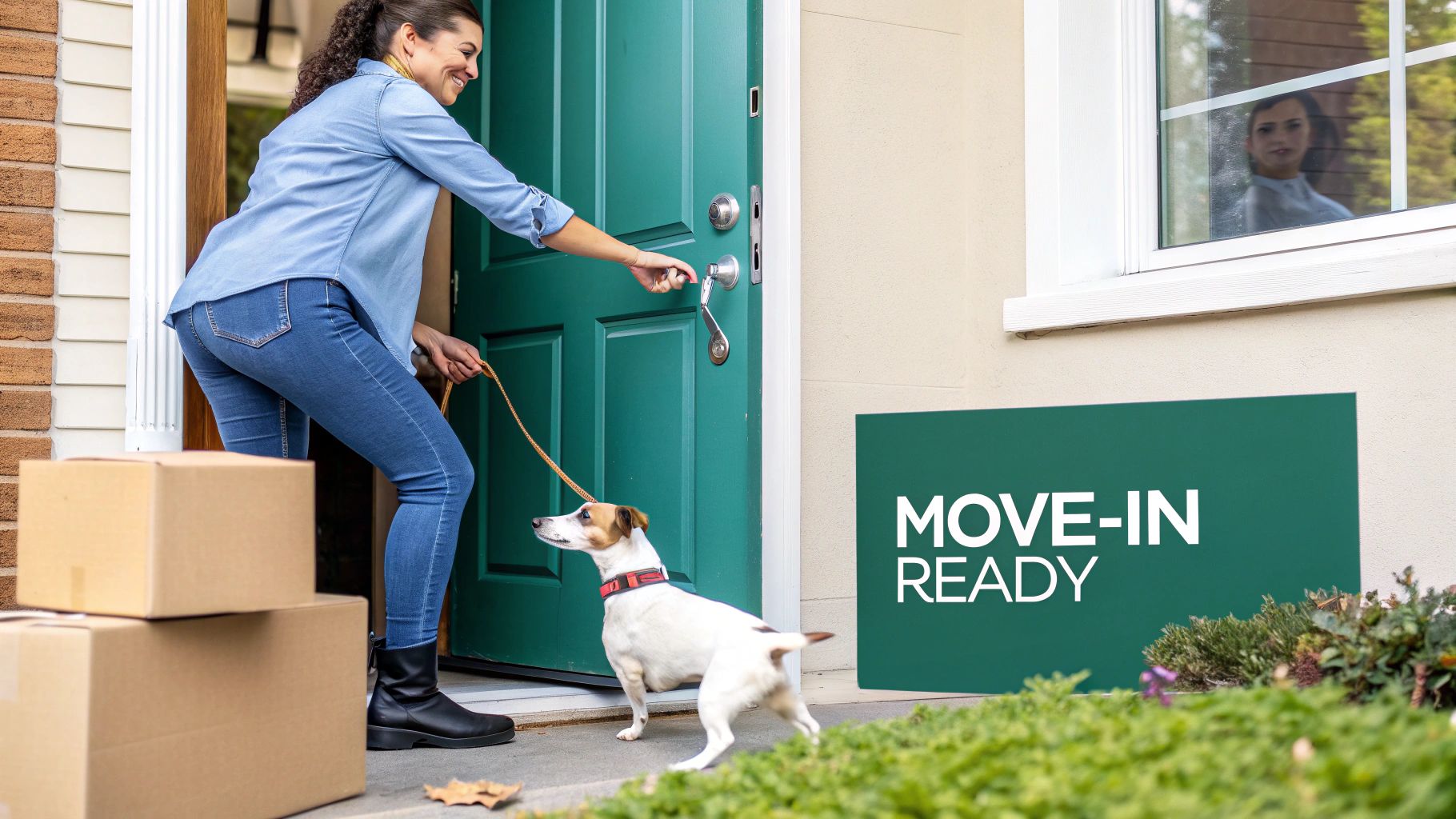 A happy dog lies on the floor of a new apartment, with moving boxes in the background.