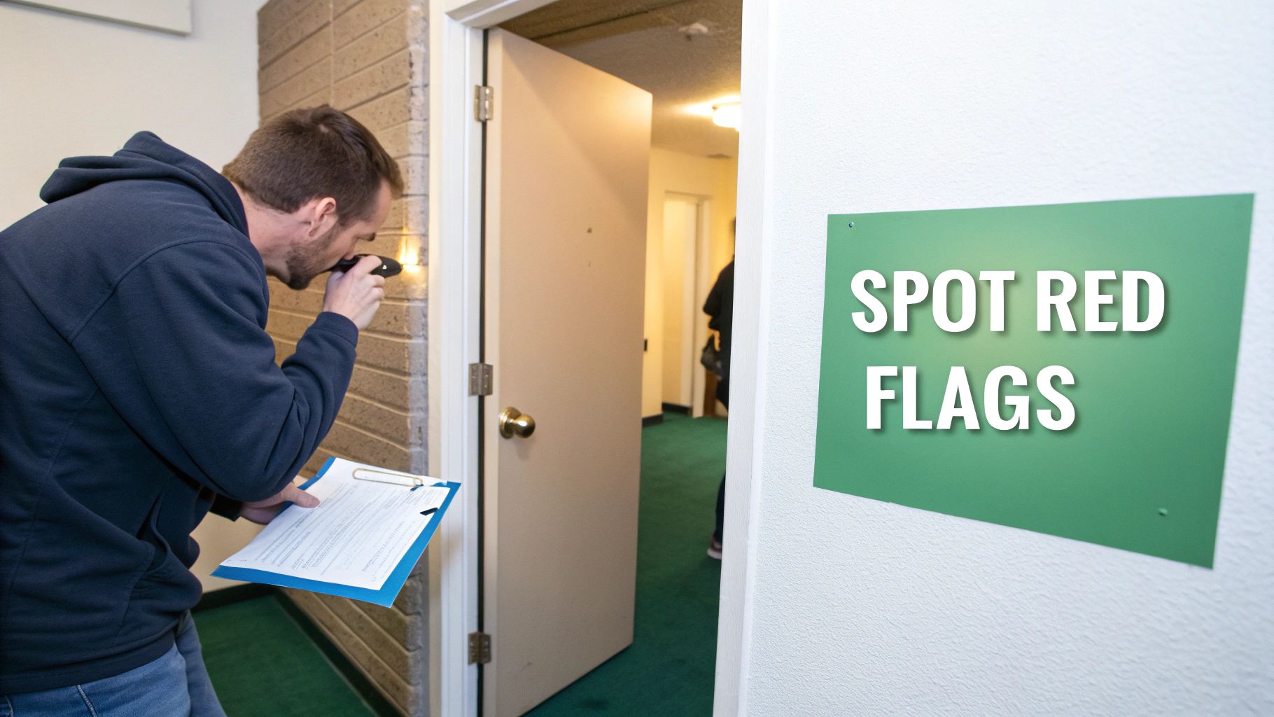 A person inspecting the kitchen during an apartment tour, checking faucets and cabinets.