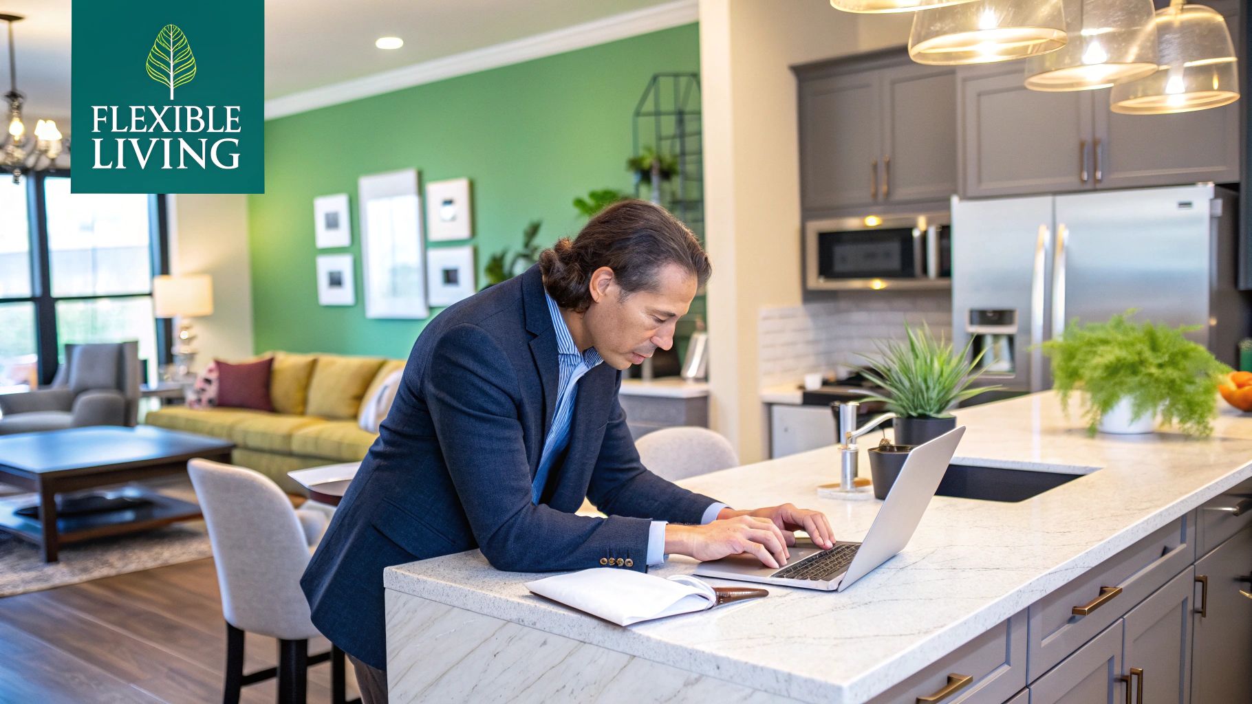 A woman smiling as she unpacks a single box in a beautifully furnished apartment, showcasing move-in readiness.