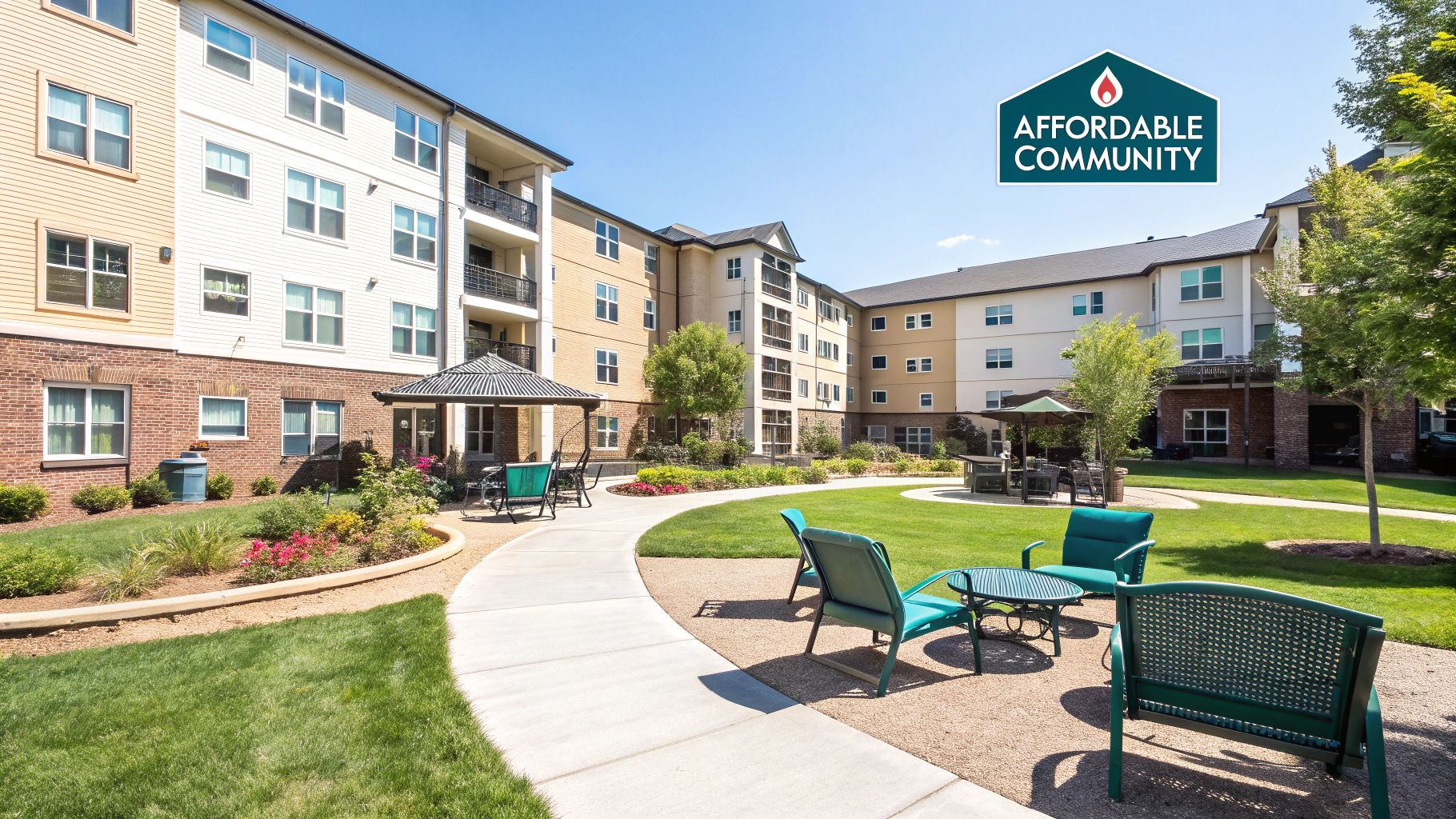 A beautifully landscaped courtyard at Cynthia Gardens, showcasing a well-maintained and affordable apartment community.