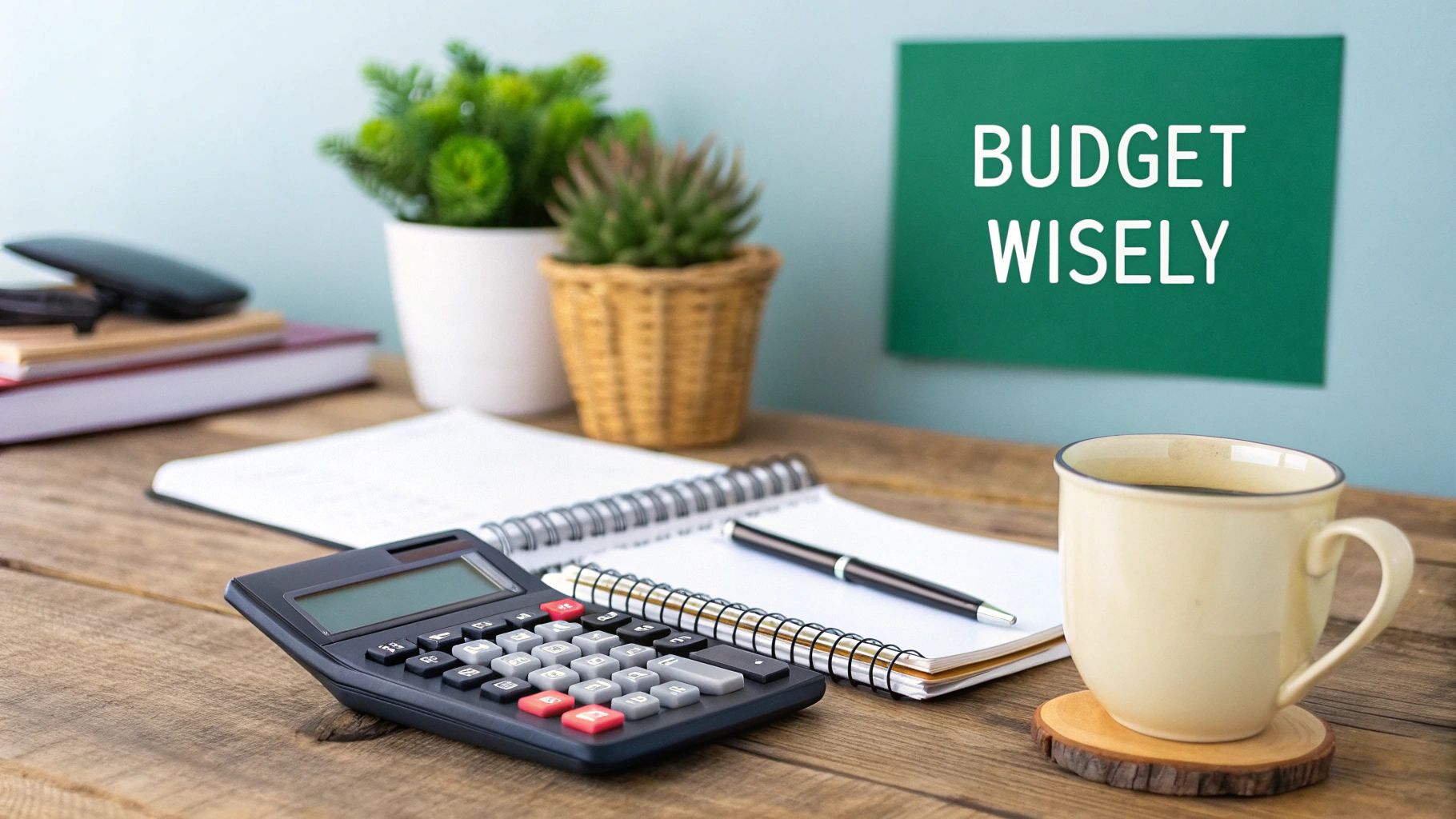 A person sitting at a desk with a laptop, calculator, and notepad, planning their rental budget.