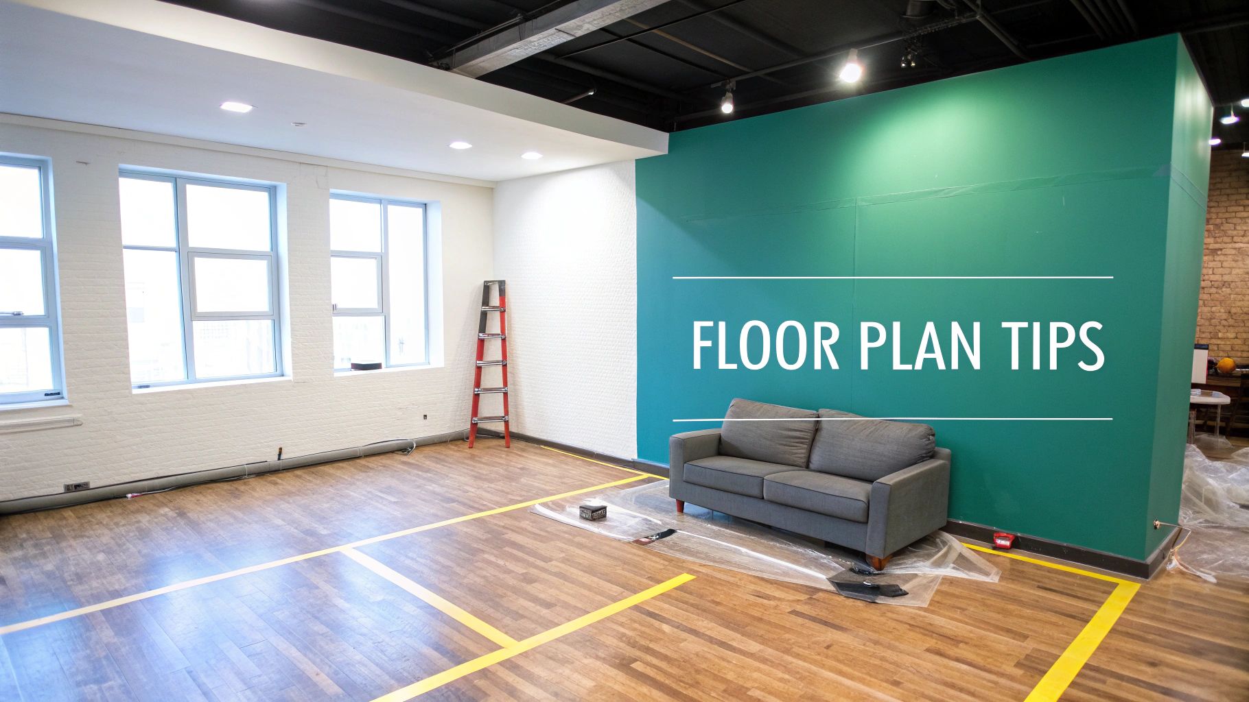 An open and bright 1 bedroom studio apartment floor plan with furniture arranged to show distinct living zones.