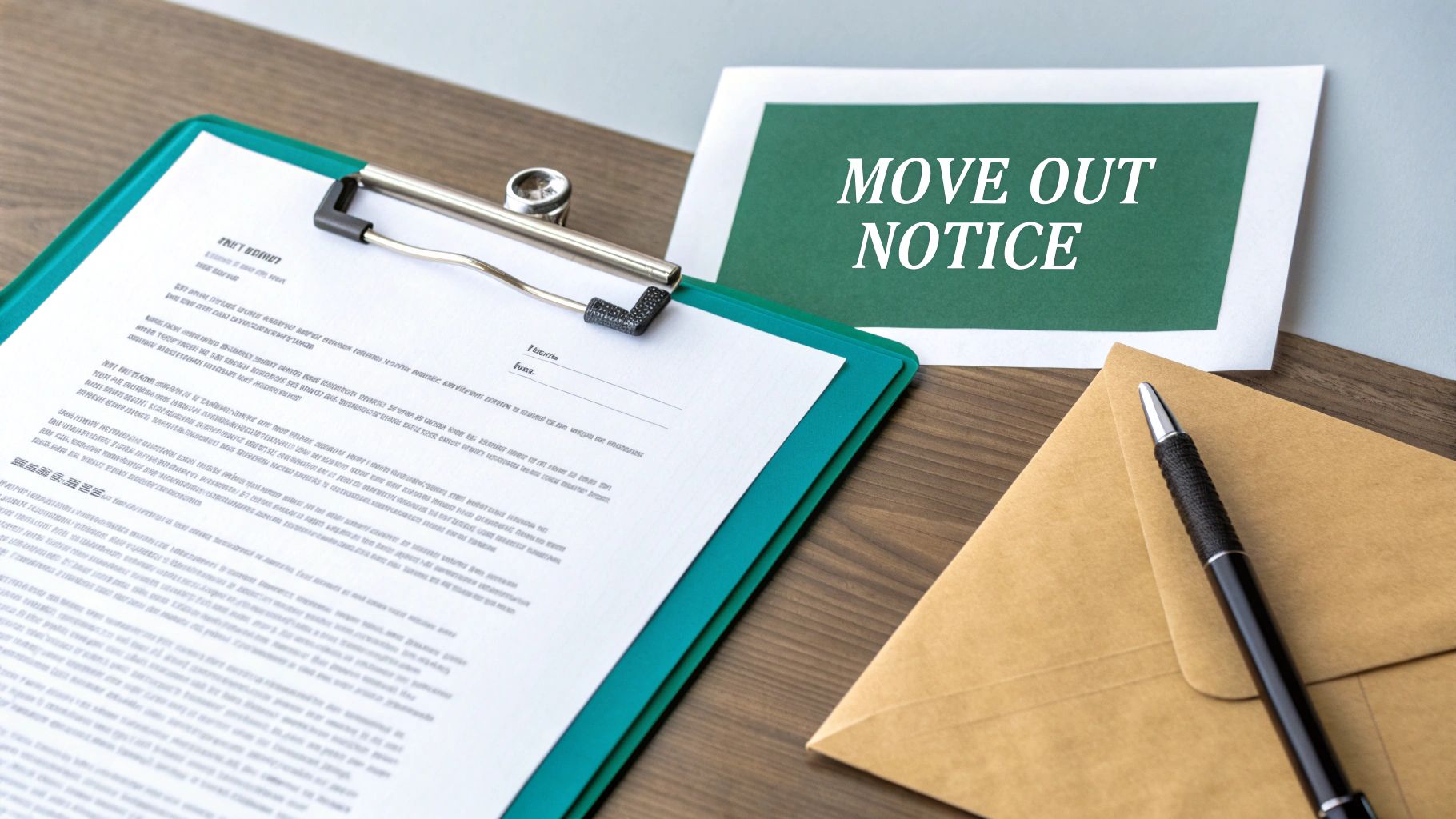 A person writing a notice on a piece of paper with a laptop and coffee nearby.