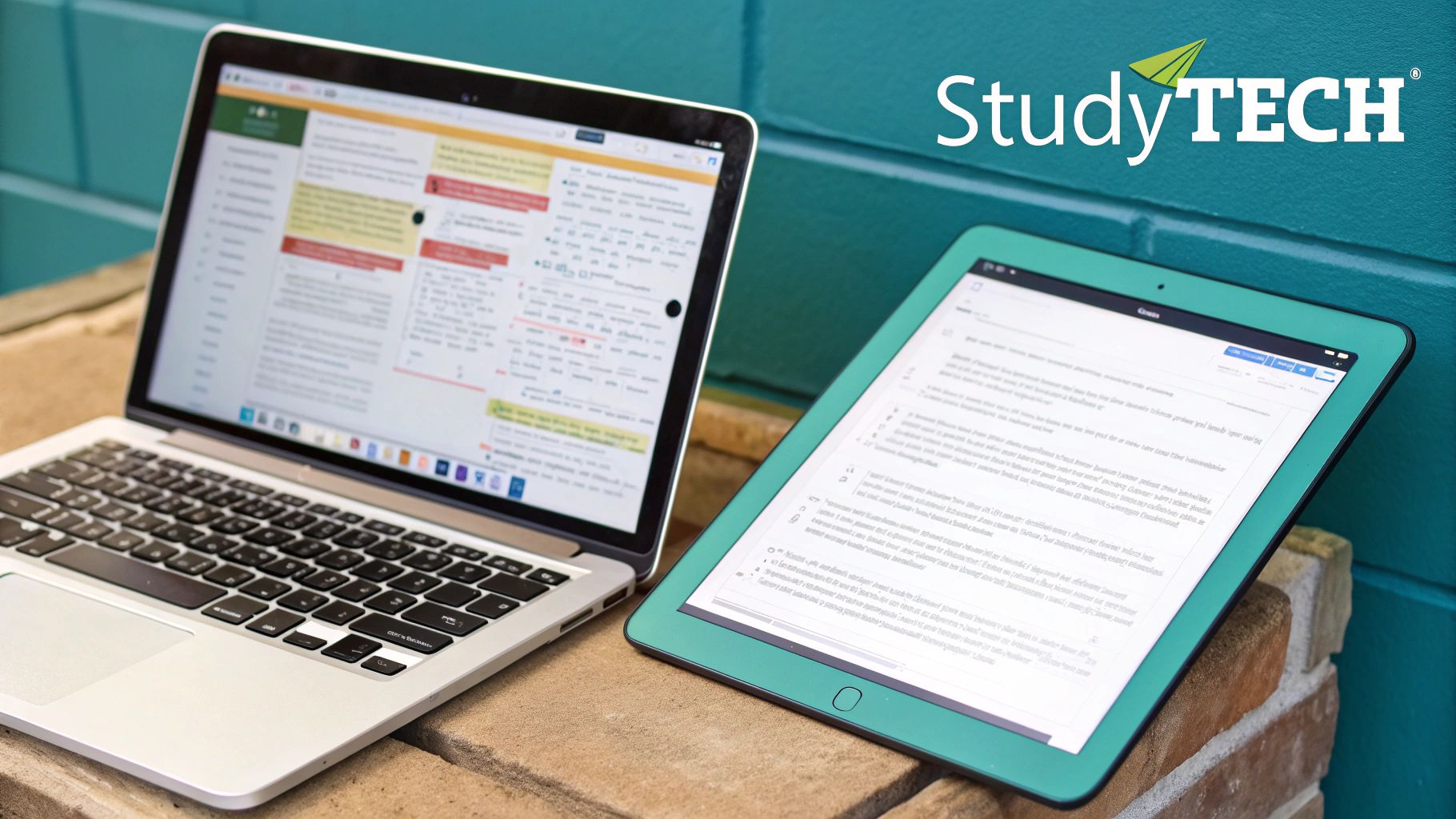 A student using a tablet and stylus to take digital notes, with a laptop open nearby.