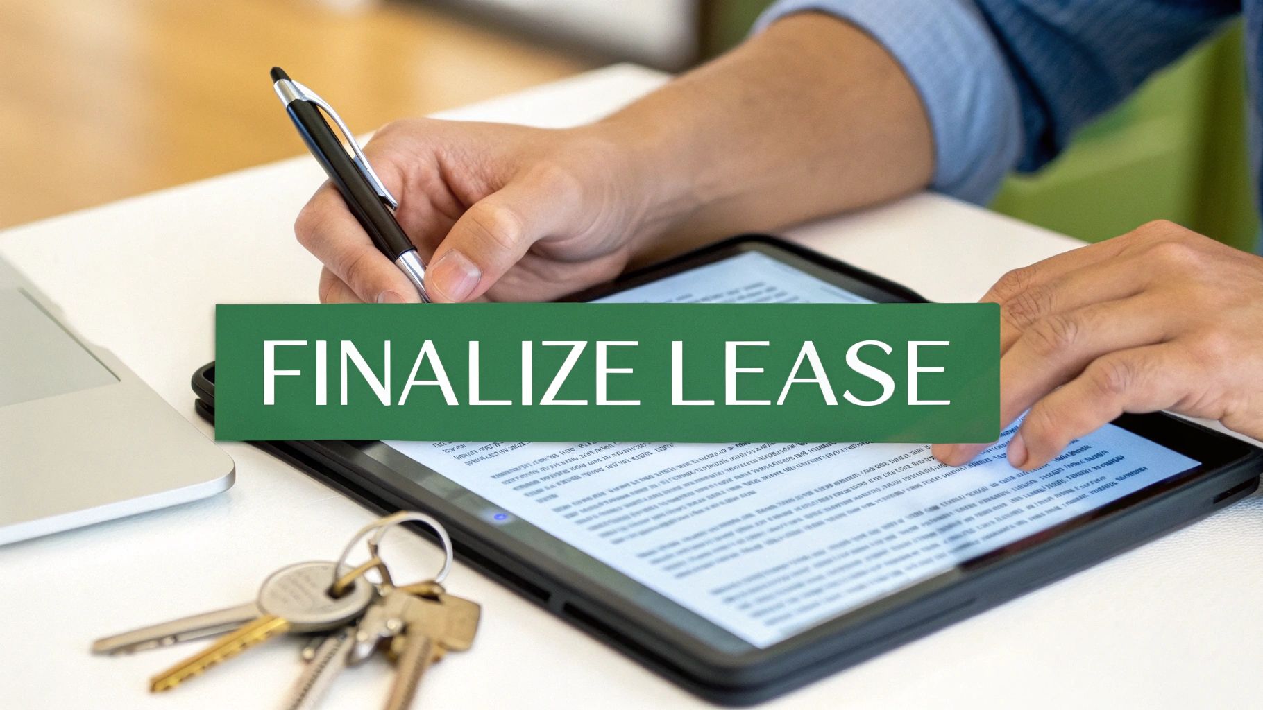 A person carefully reviewing and signing a document on a tablet.