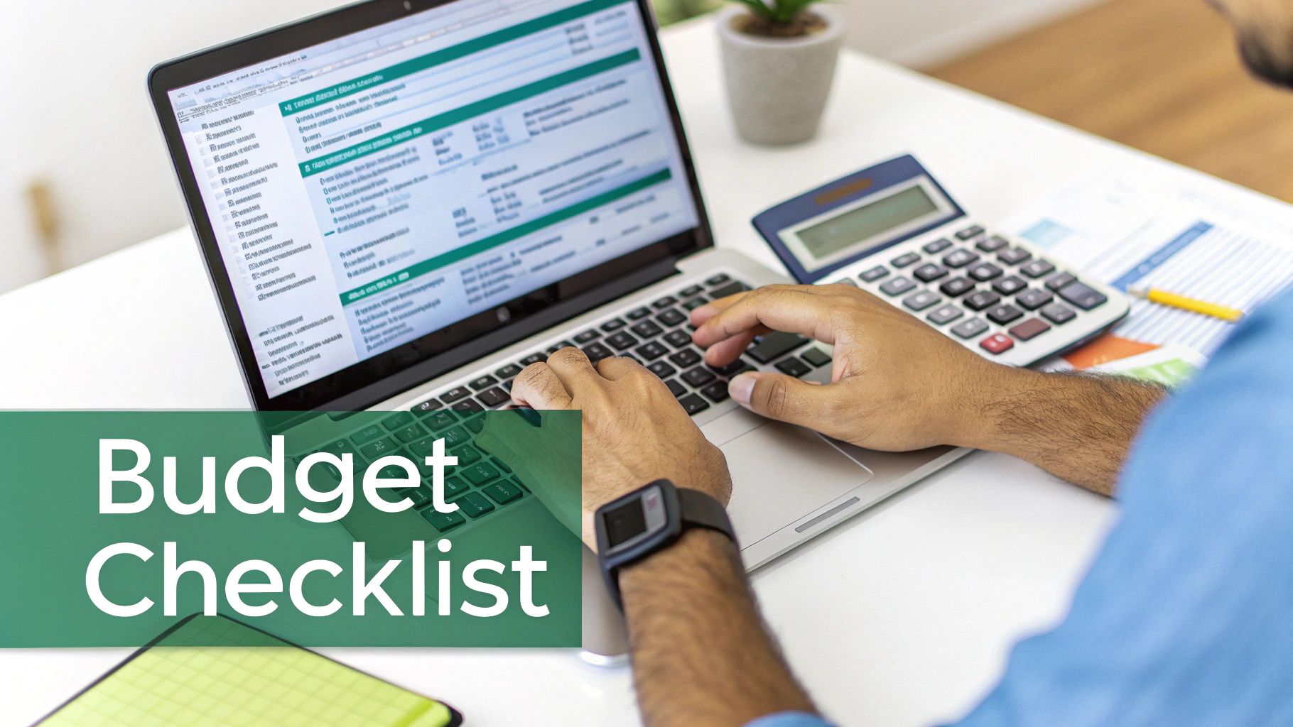 A person sitting at a desk with a laptop, calculator, and financial documents, planning their apartment budget.