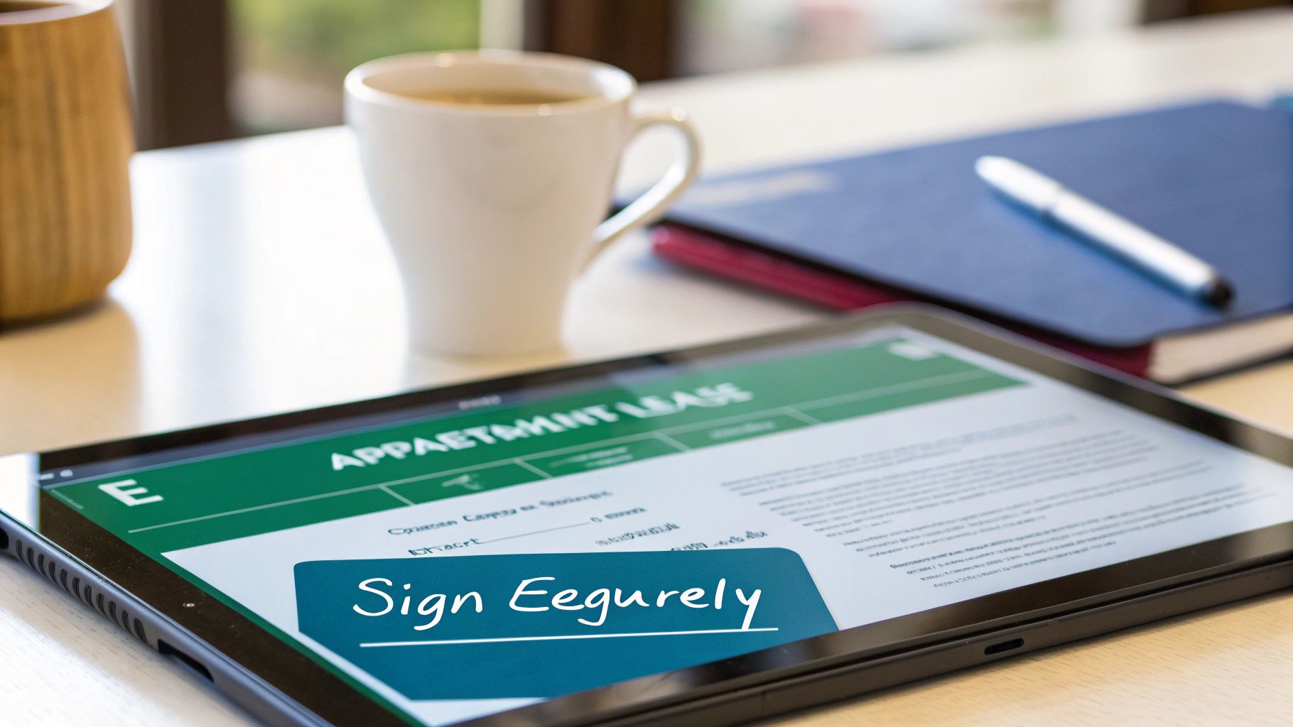 A person signing an apartment lease agreement form on a tablet