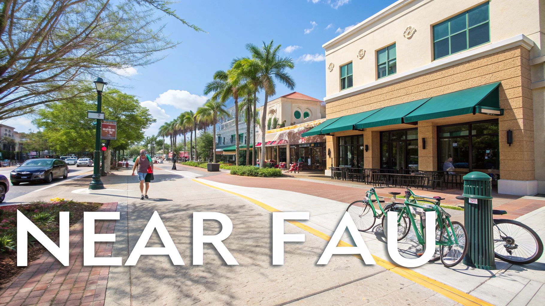 A sunny street in Boca Raton with palm trees, characteristic of the neighborhoods near Florida Atlantic University.