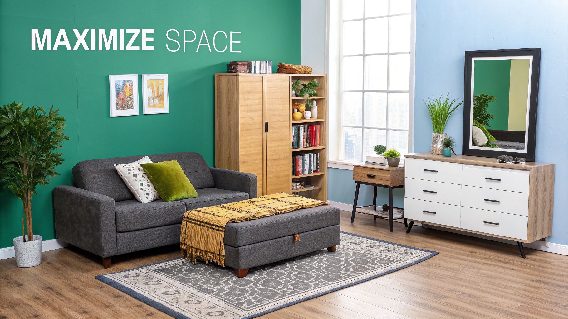 An open and stylish 1 bedroom studio apartment with multi-functional furniture and mirrors creating an illusion of space.