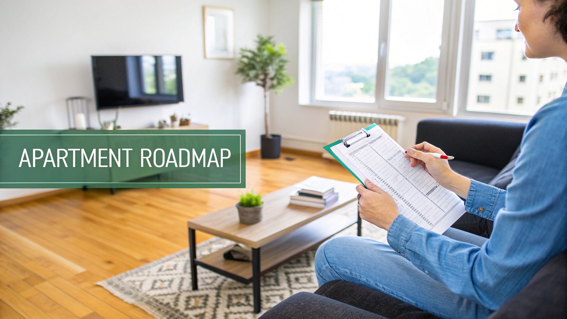 A modern and clean apartment living room with large windows overlooking a city scene.