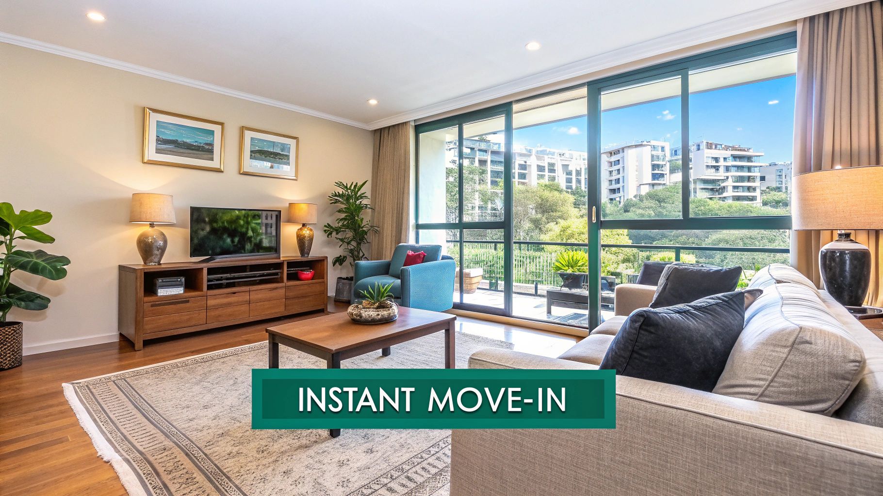 A bright, modern living room in a short term lease apartment, showcasing the fully furnished setup.