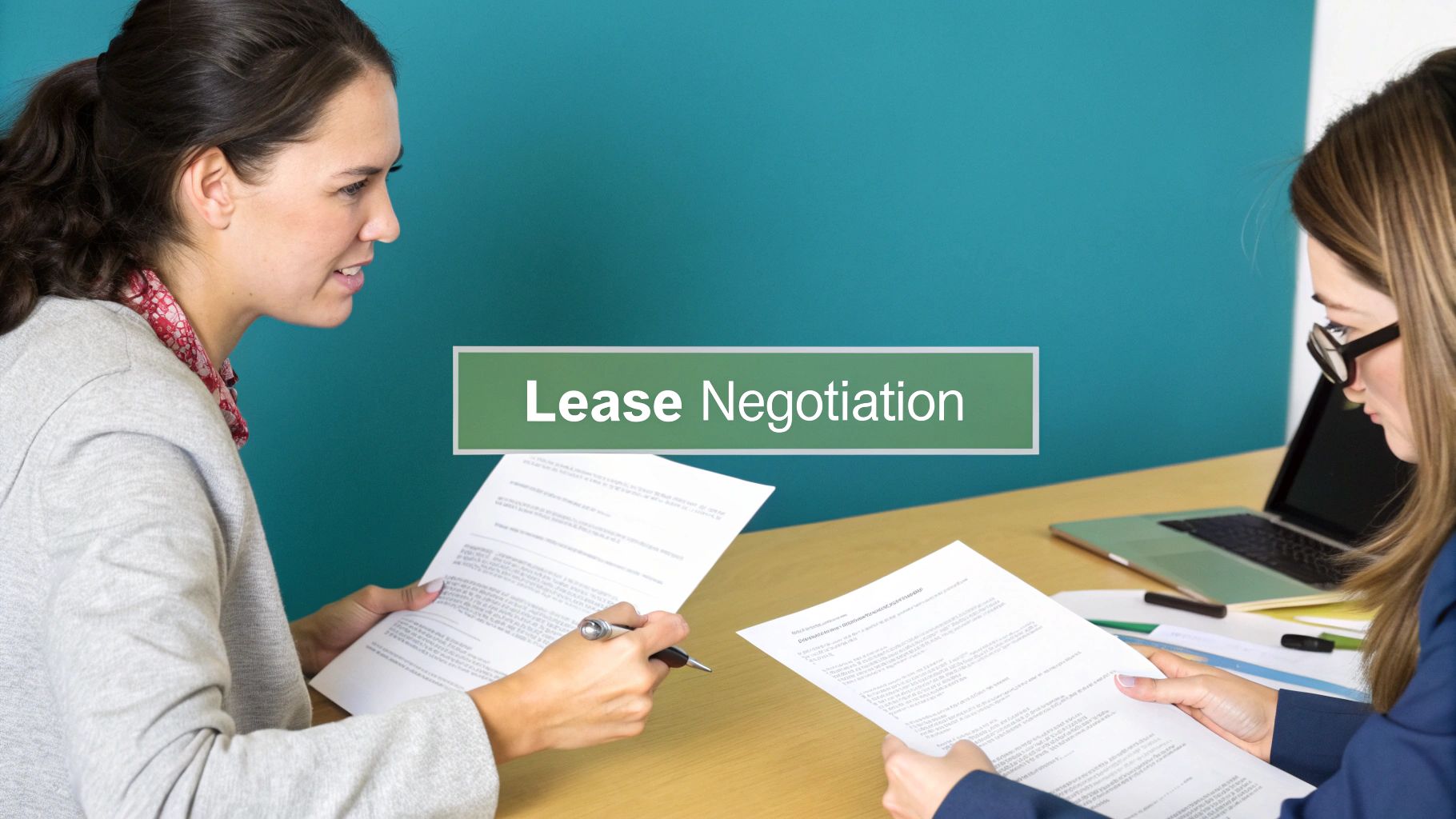Two people shaking hands across a desk to signify a successful negotiation.