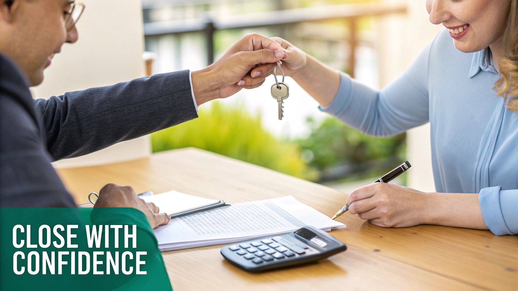 A happy couple receiving keys to their new townhome from a real estate agent.
