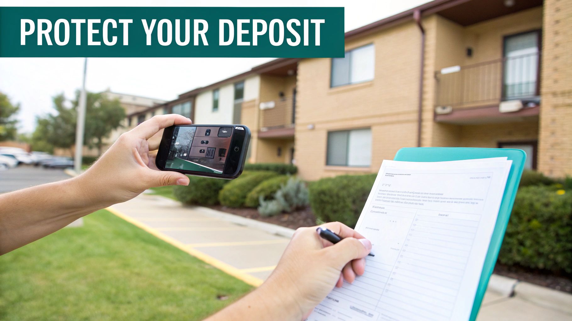 A person signing an apartment lease agreement form with a stack of coins nearby