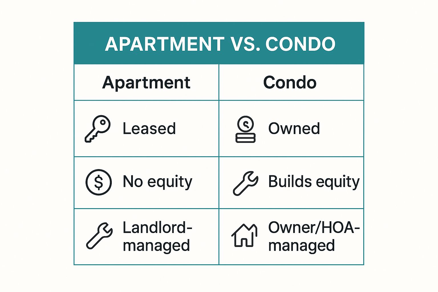 Infographic comparing apartment vs condo on ownership, equity, and maintenance