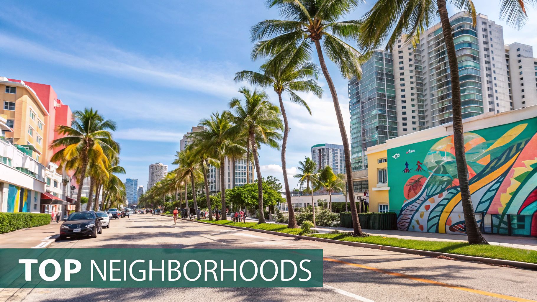 A vibrant aerial view of a Miami neighborhood with high-rise buildings and boats on the water