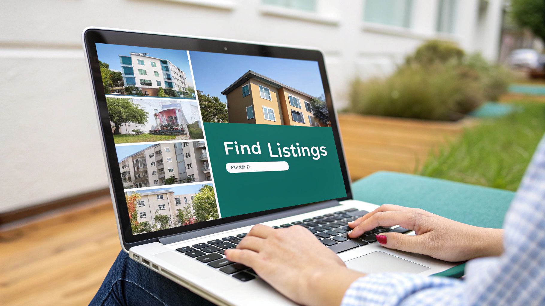A person using a laptop to search for affordable housing apartments for rent online.