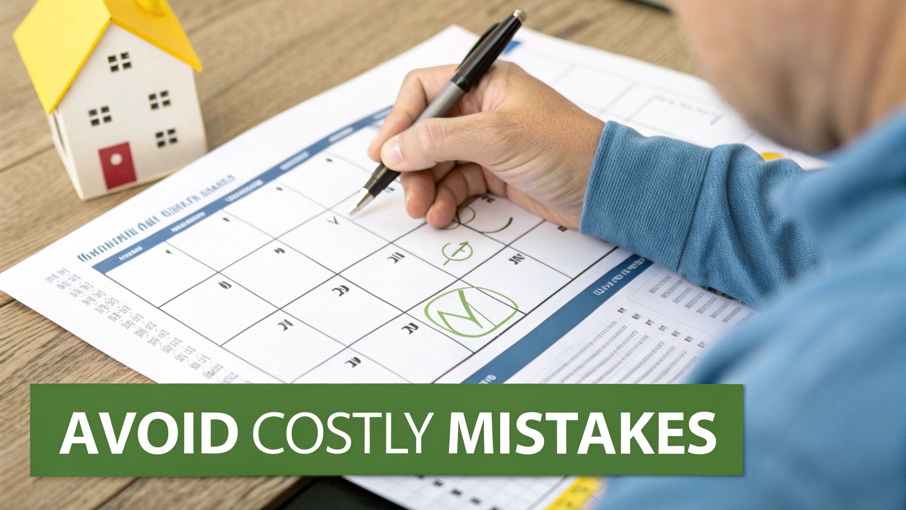 A worried person looking at a calendar and a rental agreement.