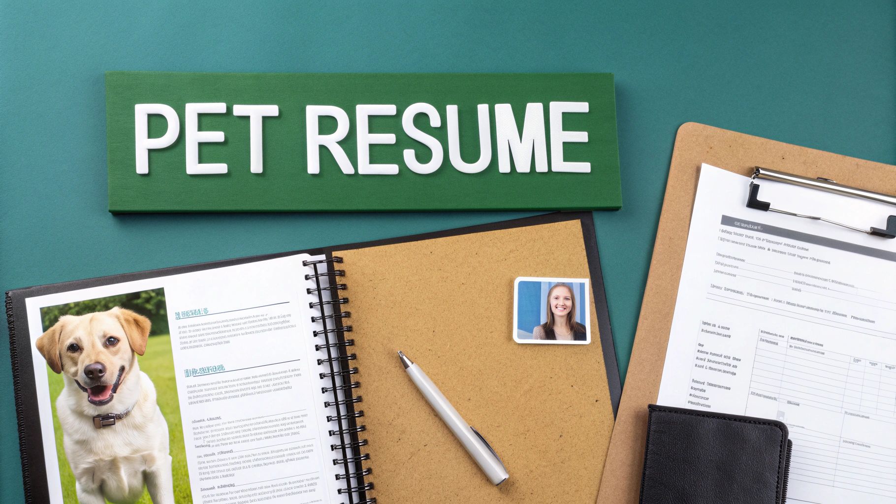 A person handing a resume to a landlord, with a small, well-behaved dog sitting beside them.