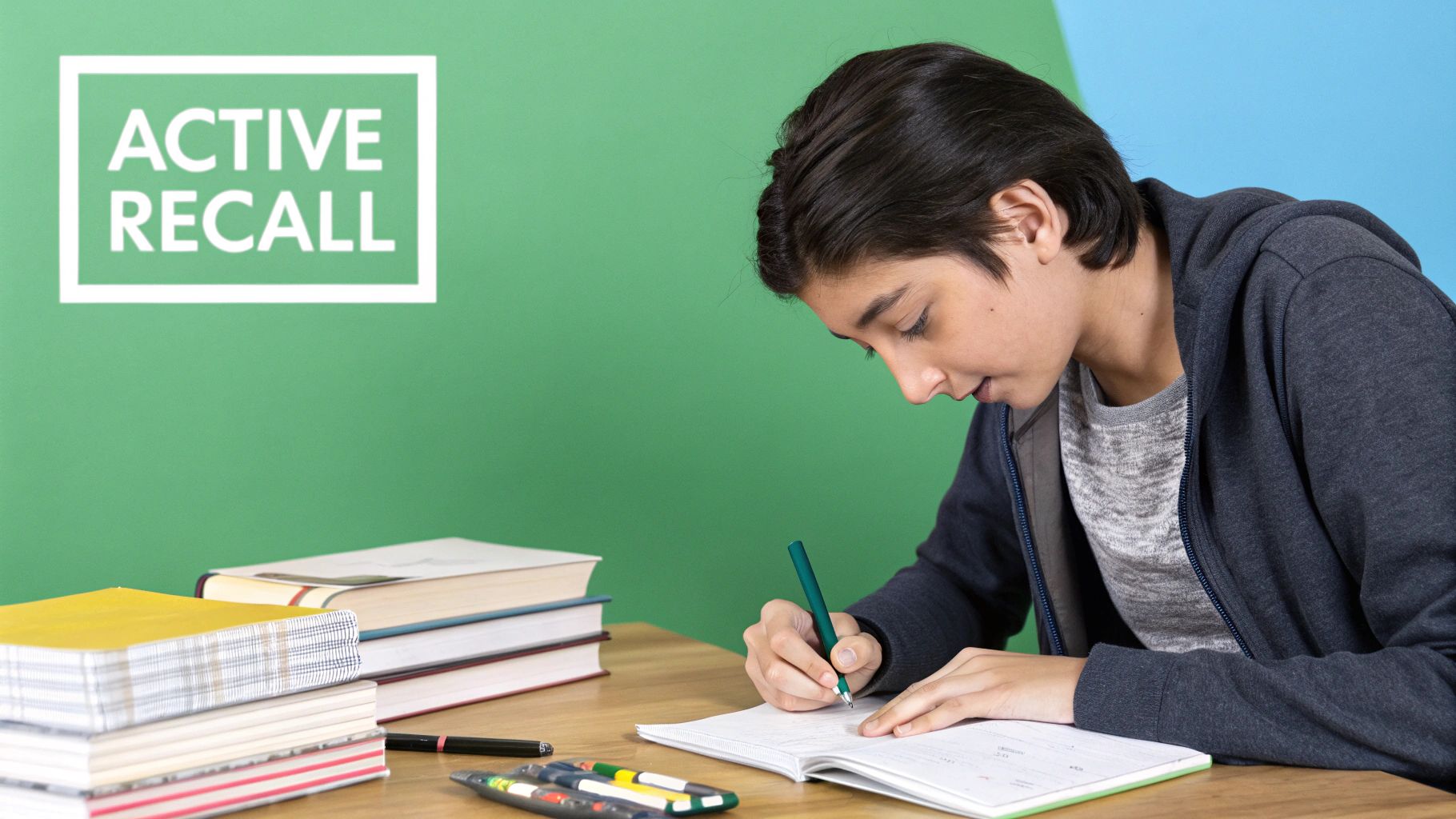 A student actively studying with flashcards and notebooks, illustrating engaged learning.
