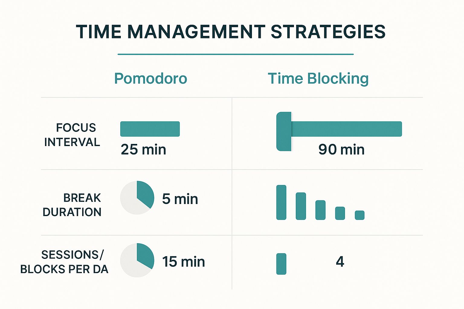 Infographic comparing the Pomodoro Technique and Time Blocking, showing differences in focus intervals, break durations, and sessions per day.