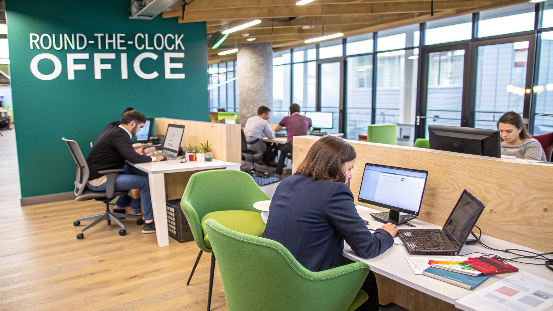 A modern coworking space with comfortable chairs and desks, ready for studying or working.