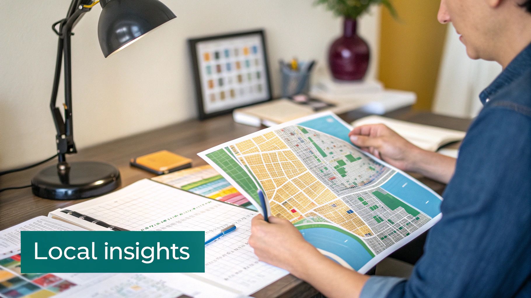 A person analyzing real estate data on a tablet with charts and graphs in the background.