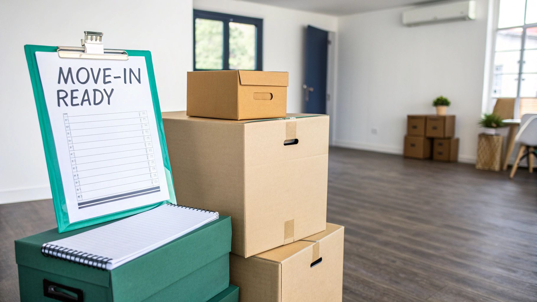 A person smiling as they pack a cardboard moving box in a sunlit room.