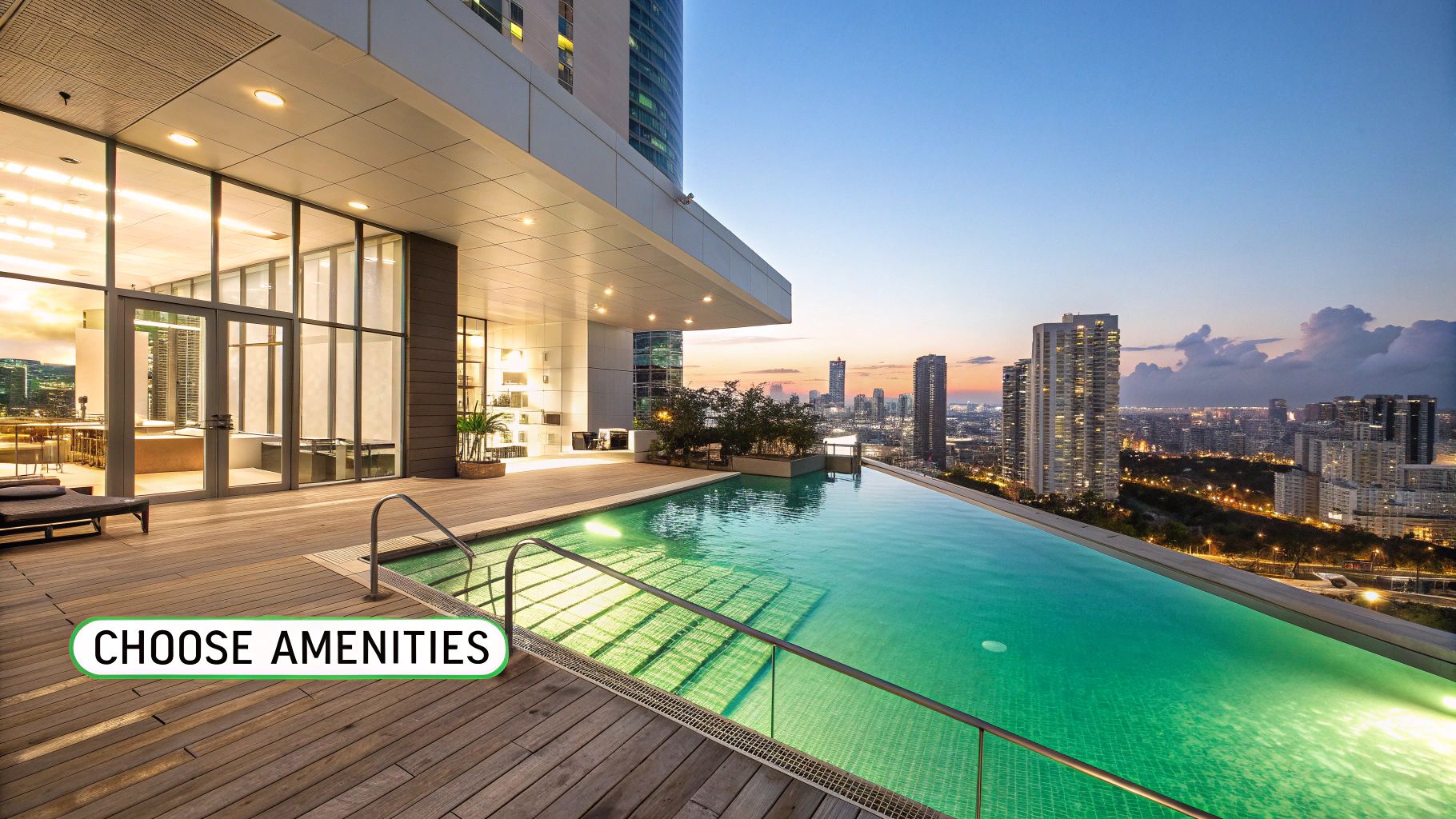 A modern apartment building in Miami with a resort-style swimming pool and lounge chairs.