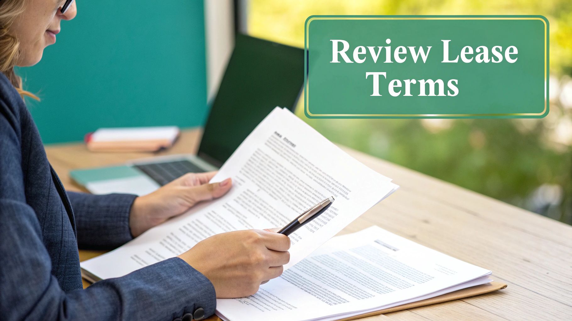 A person sitting at a desk and reading a rental agreement carefully