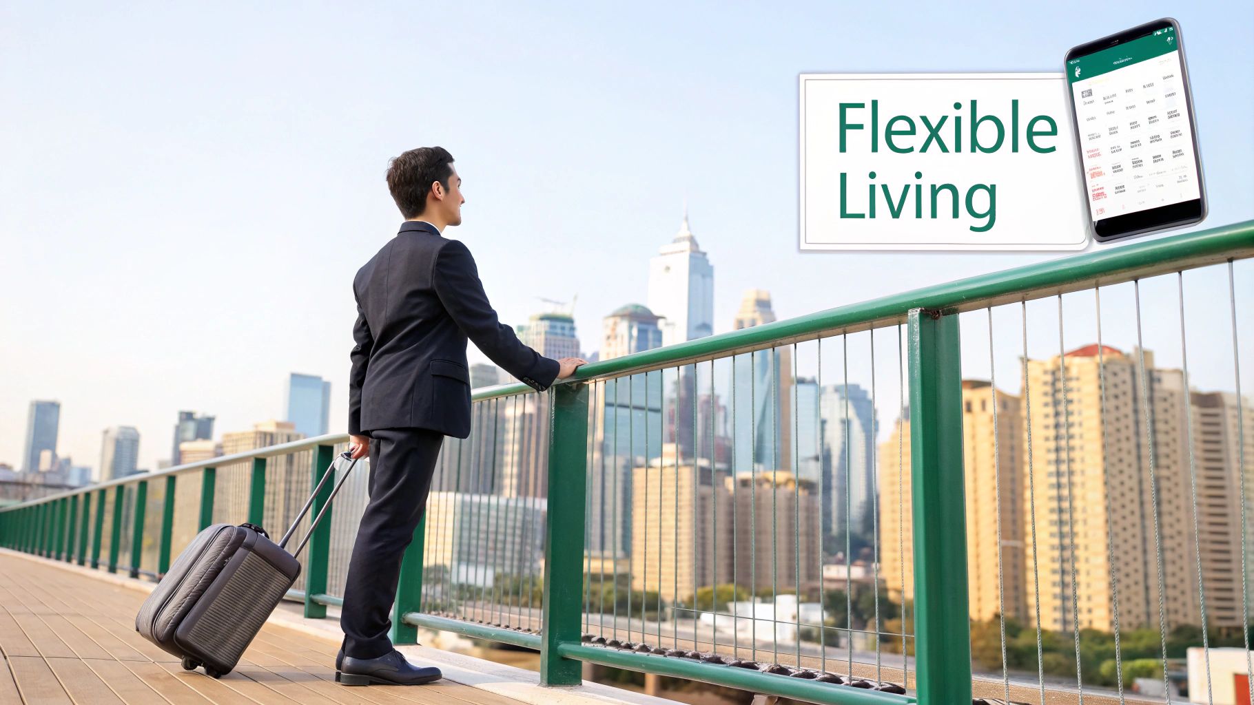 A modern living room with large windows overlooking a city skyline, suggesting flexibility and urban living