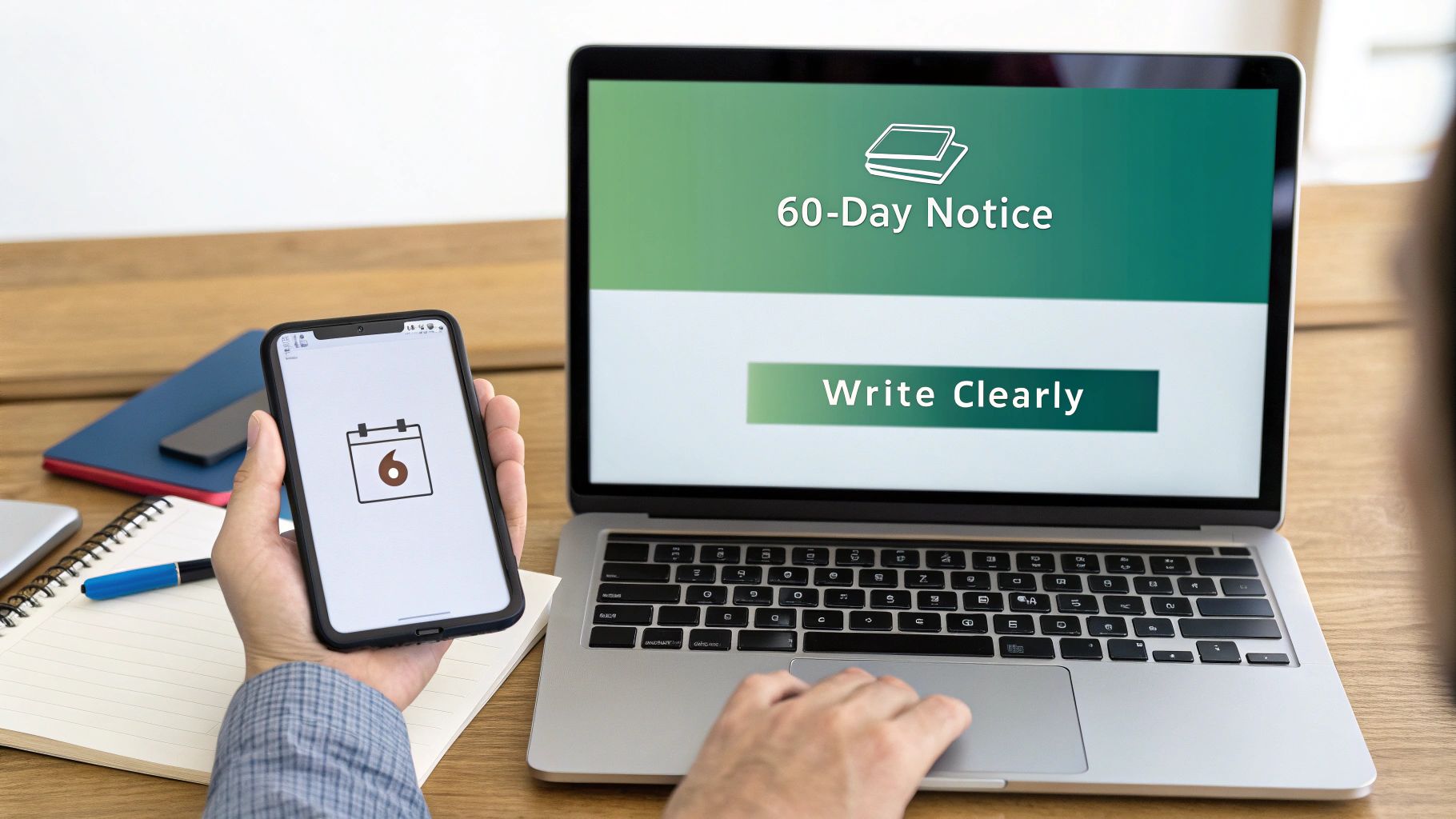 A person writing a 60 days notice letter by hand at a wooden desk.