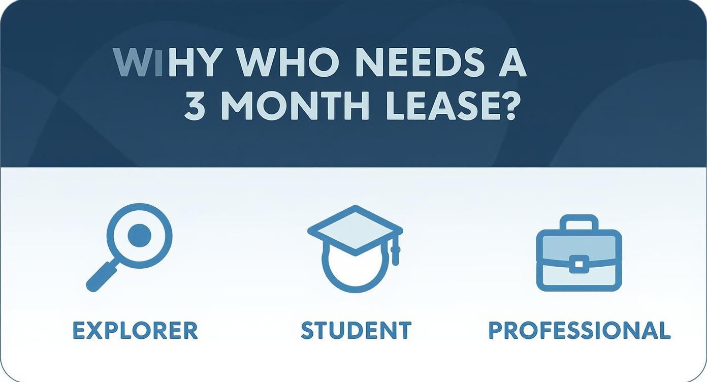 Infographic showing personas who need a 3 month lease including The Explorer, The Student, and The Professional