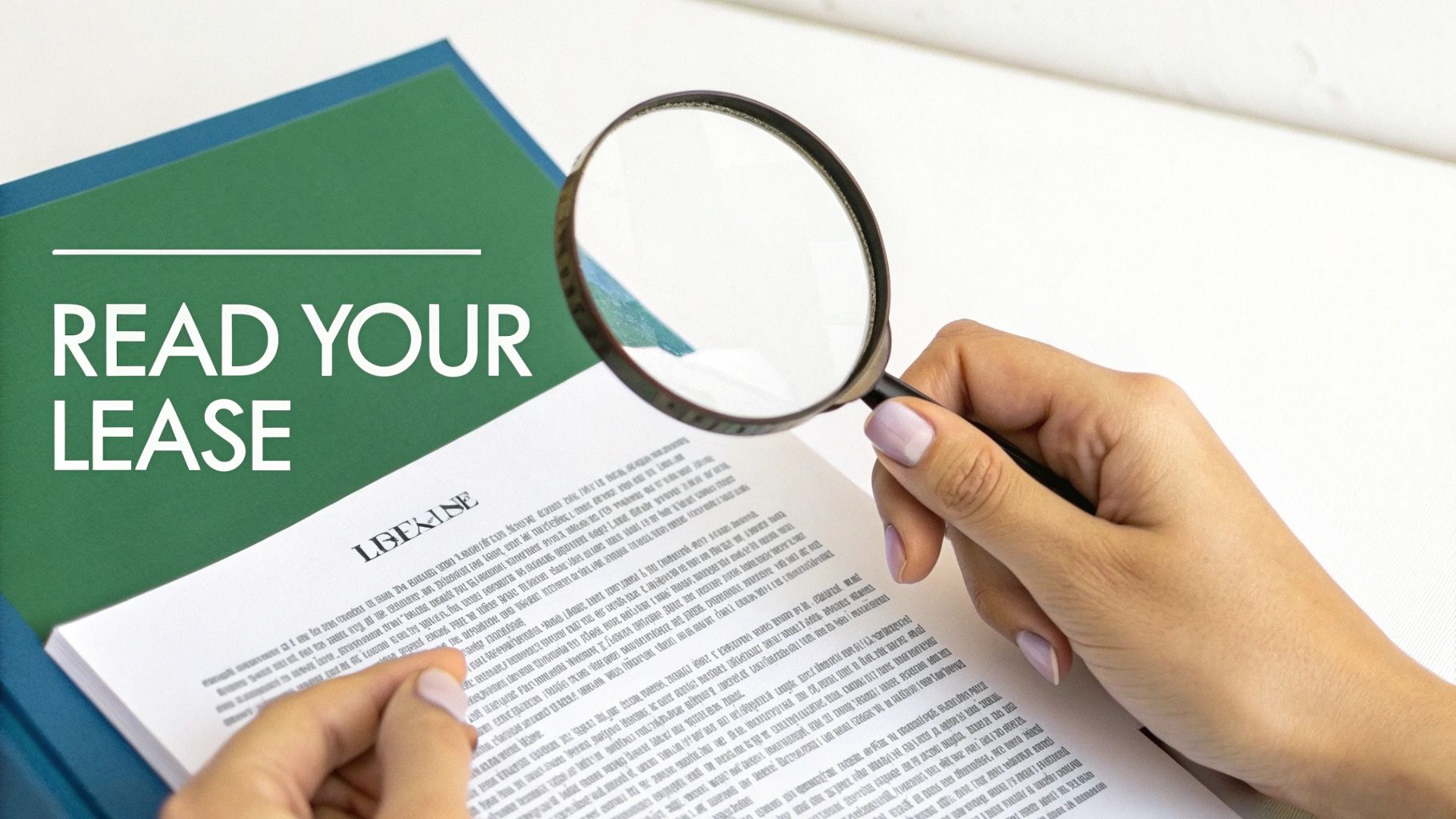 A person carefully reading and signing a lease agreement document at a wooden table, with keys and a pen nearby.