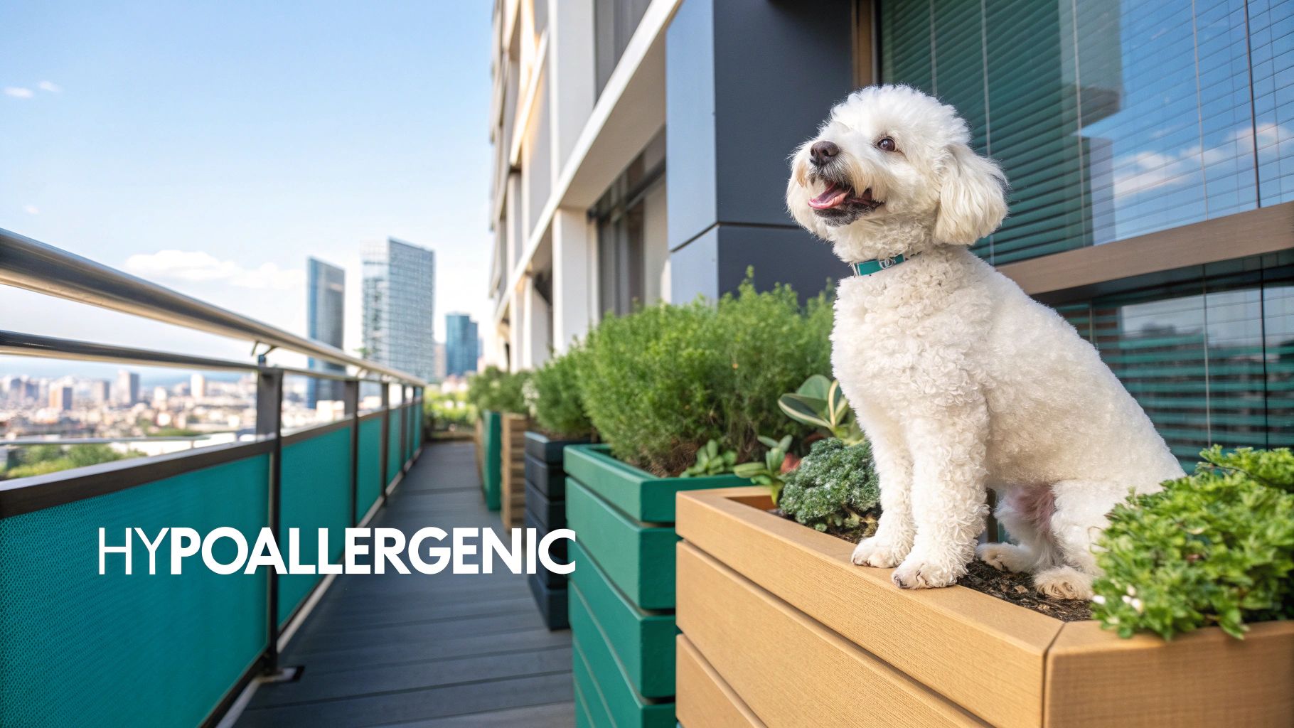 A happy Bichon Frise sitting in a grassy area