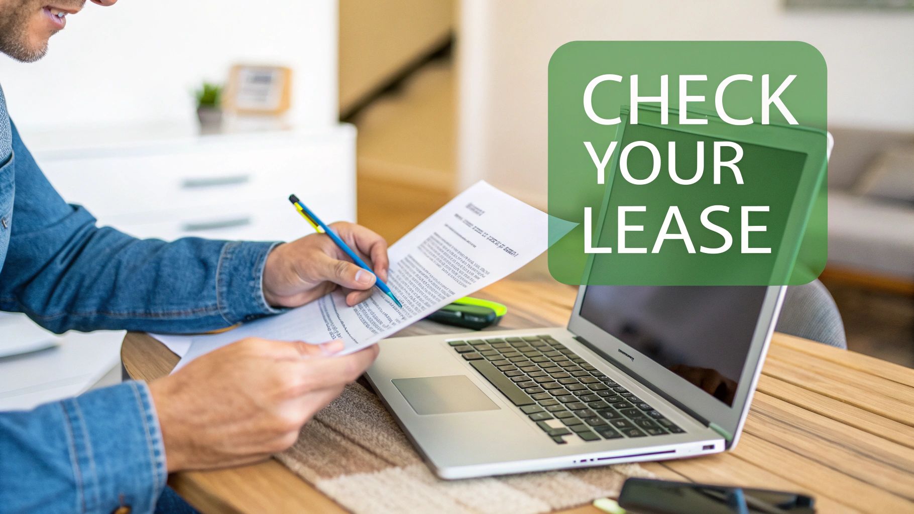 A person reviewing a lease agreement with a pen, highlighting important clauses.