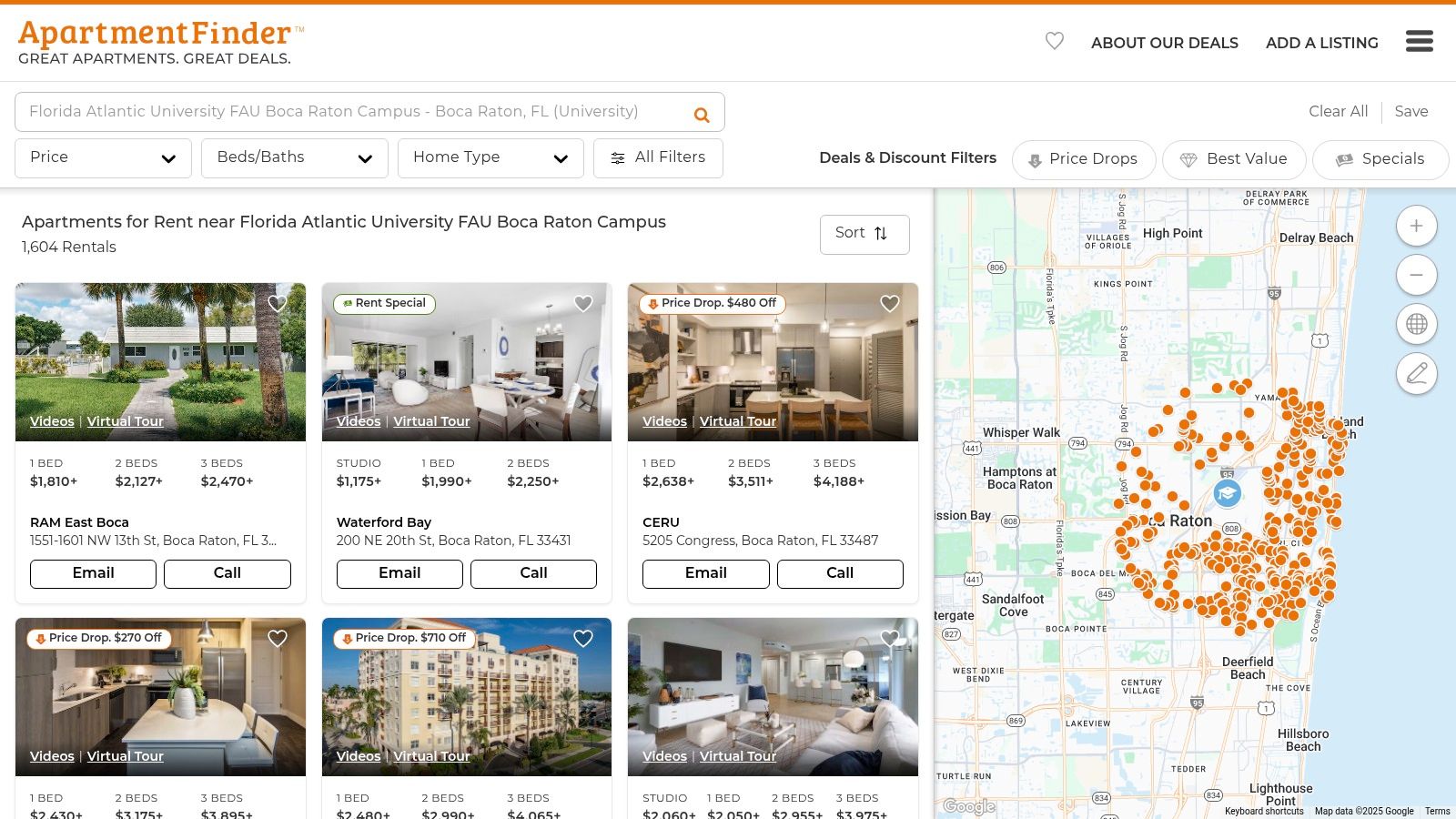 Apartment Finder interface showing apartment listings near FAU