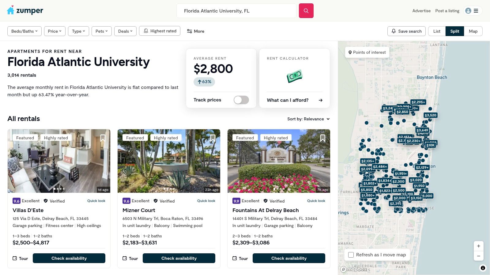 Zumper's interface showing apartment listings near FAU