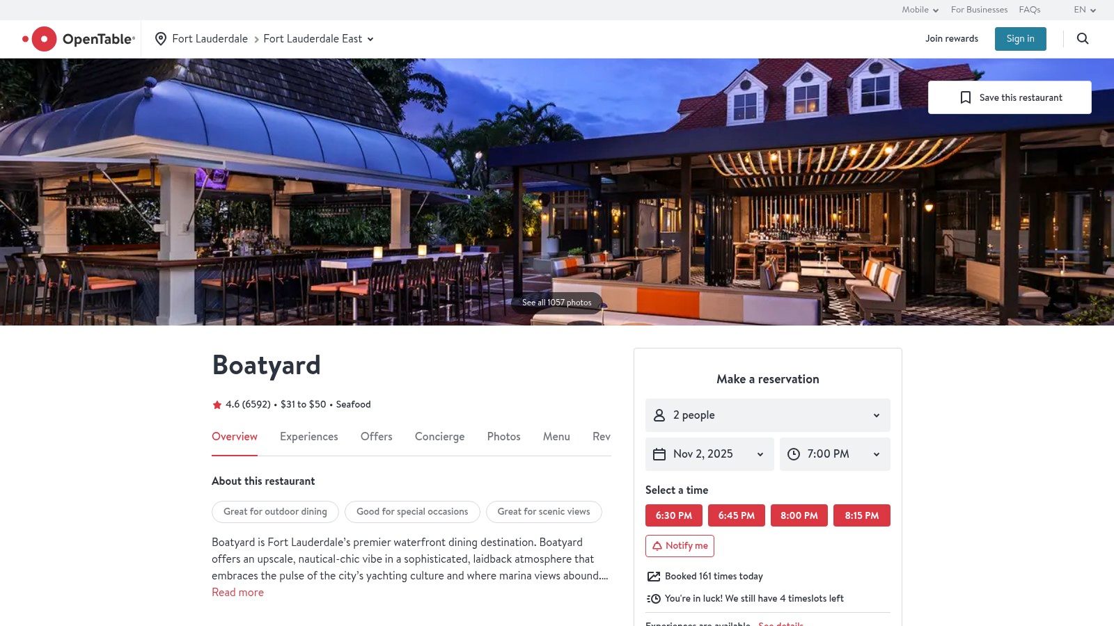 OpenTable – Boatyard reservations (and related 17th St availability)