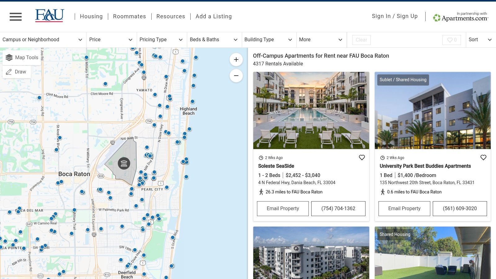FAU Off-Campus Housing portal showing its search interface