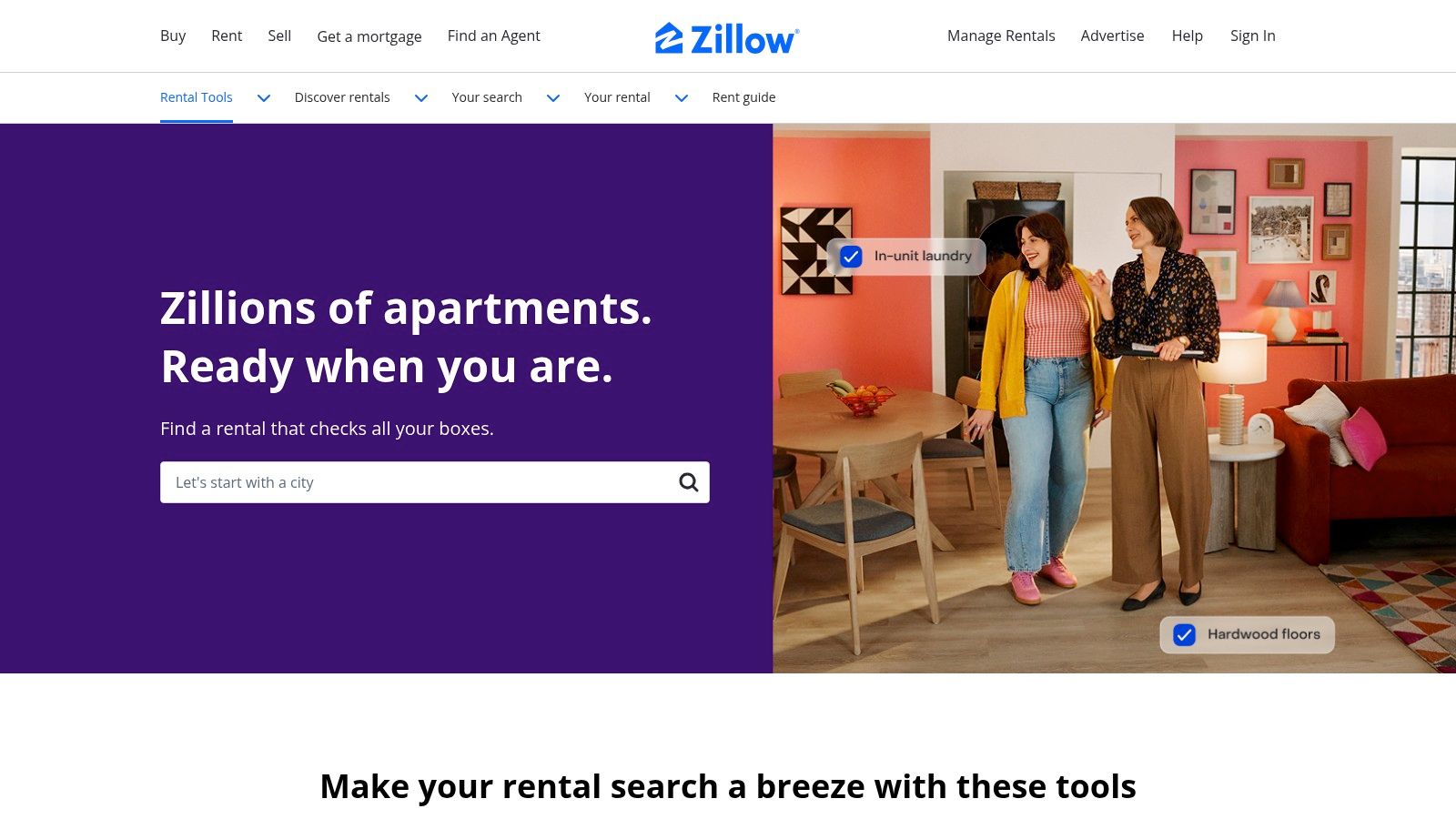 Zillow Rentals search interface with map and property listings