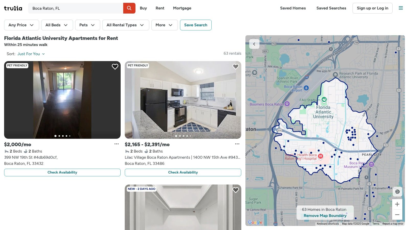 Trulia interface showing apartment listings near FAU