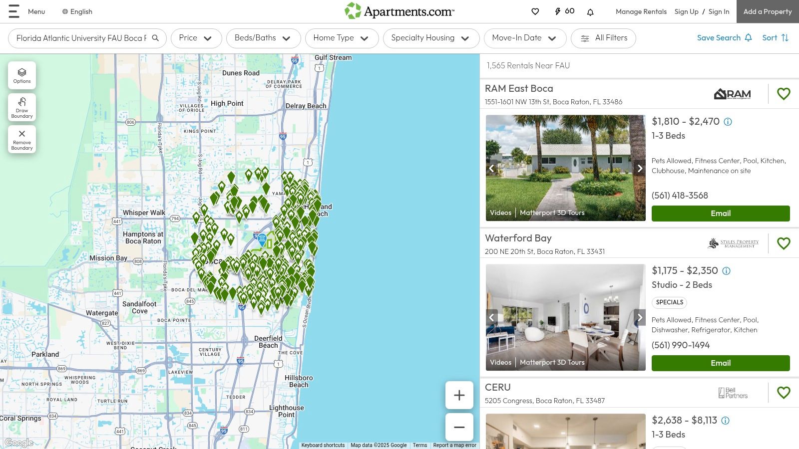 Apartments.com interface showing apartment listings near FAU