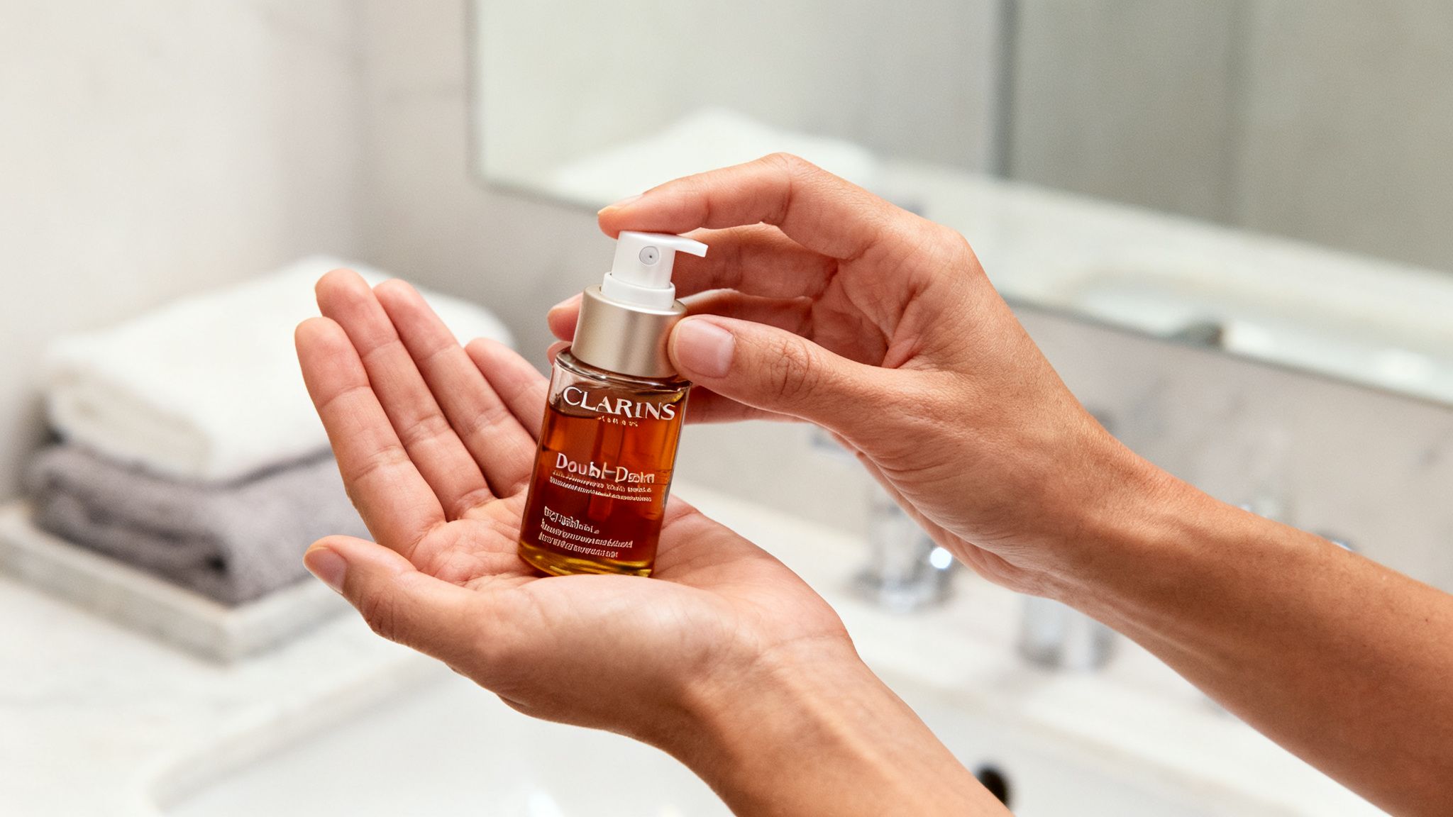 Close-up of hands holding a Clarins Double Serum bottle with a pump in a clean bathroom setting.