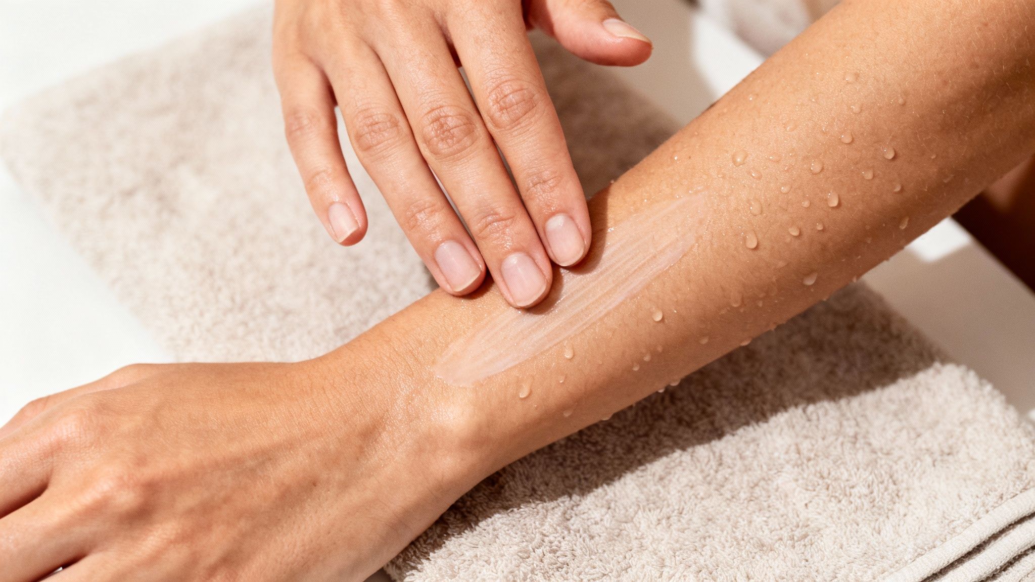 Close-up of a person applying white lotion to a wet arm with water droplets over a towel.