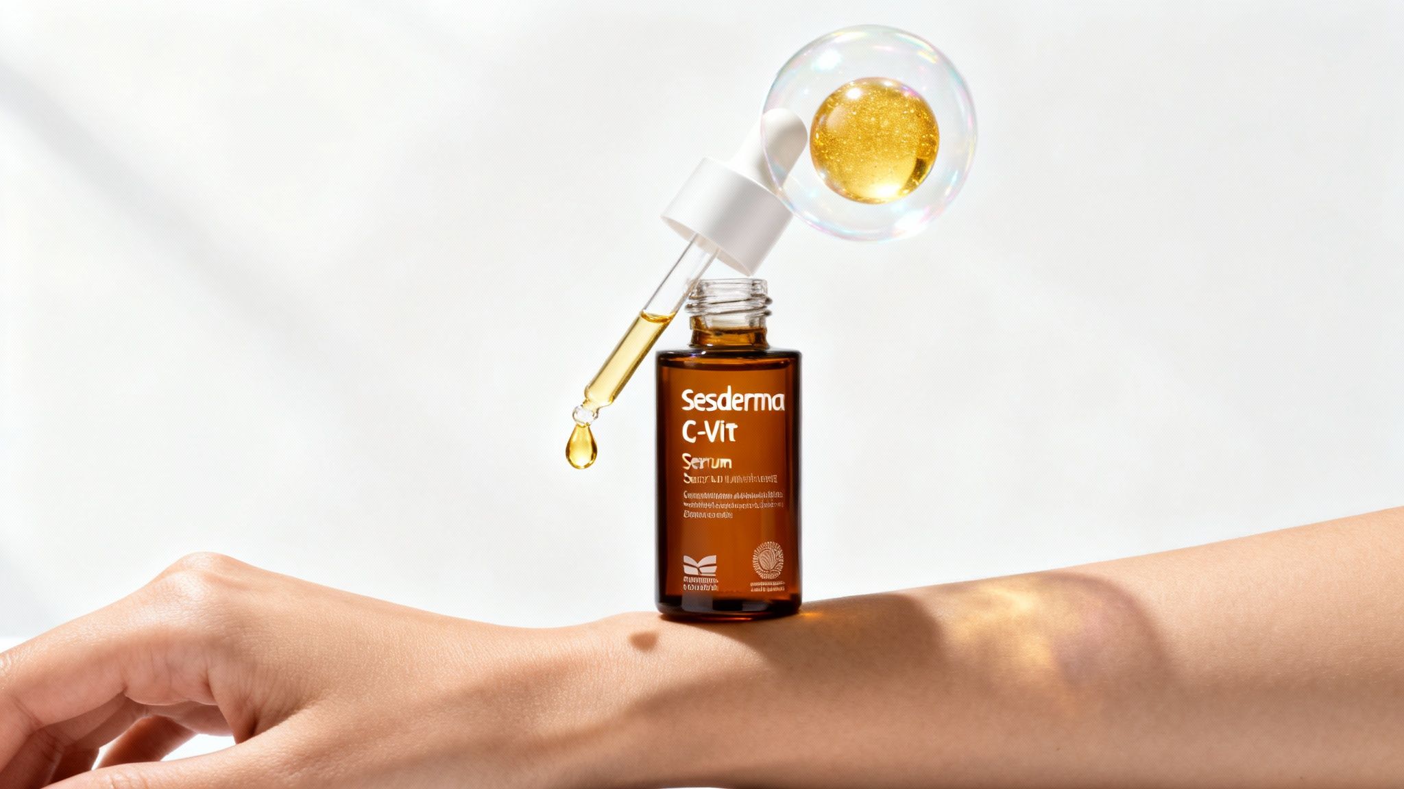 Sesderma C-Vit serum bottle with a dropper and golden liquid drop on a person's arm.