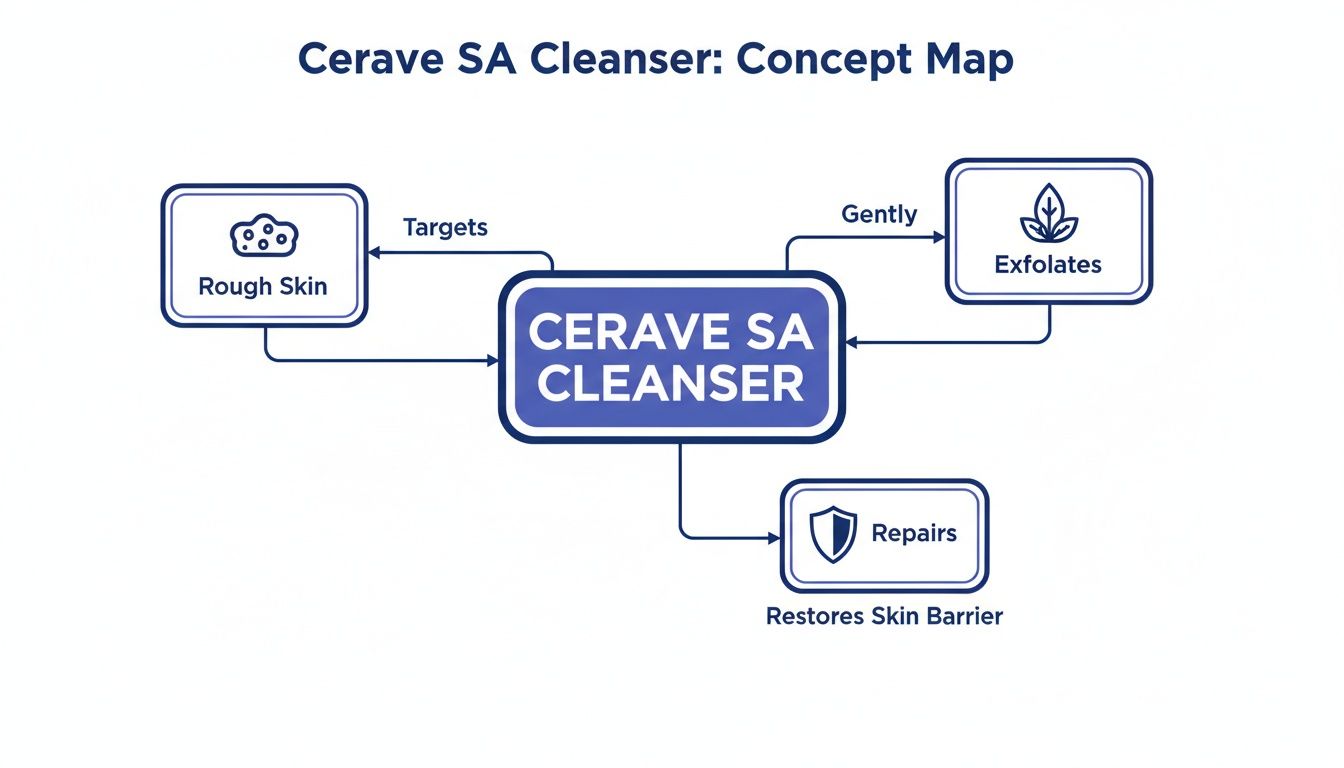 Cerave SA Cleanser concept map shows it targets rough skin, gently exfoliates, and repairs the skin barrier.